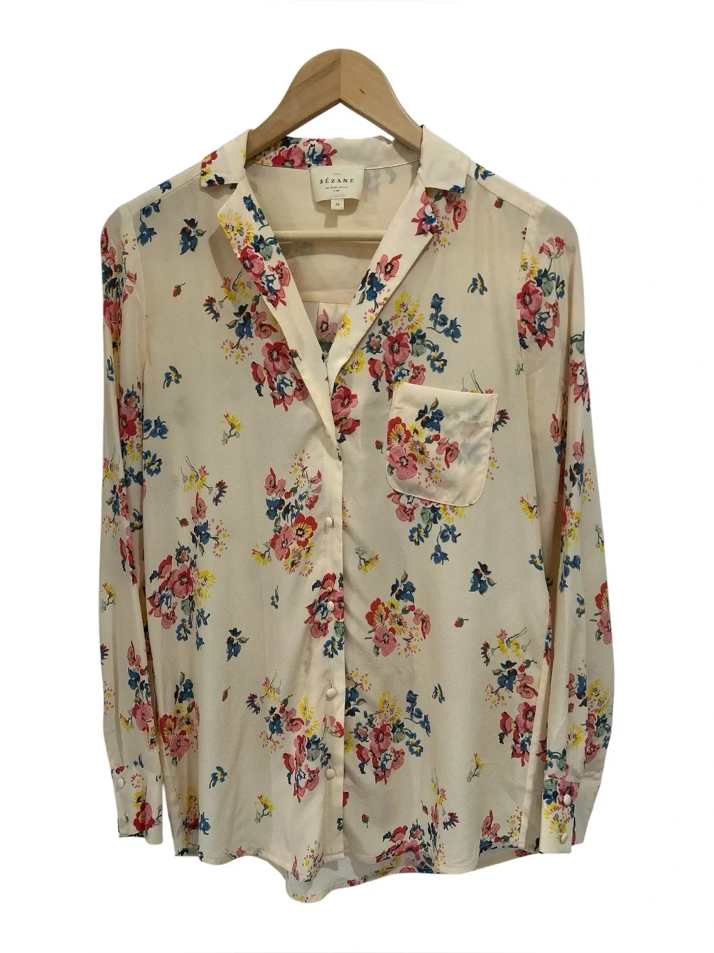 Sezane Pierro Silk Cream Floral Long Sleeve V Neck Button Up Blouse Top - 34